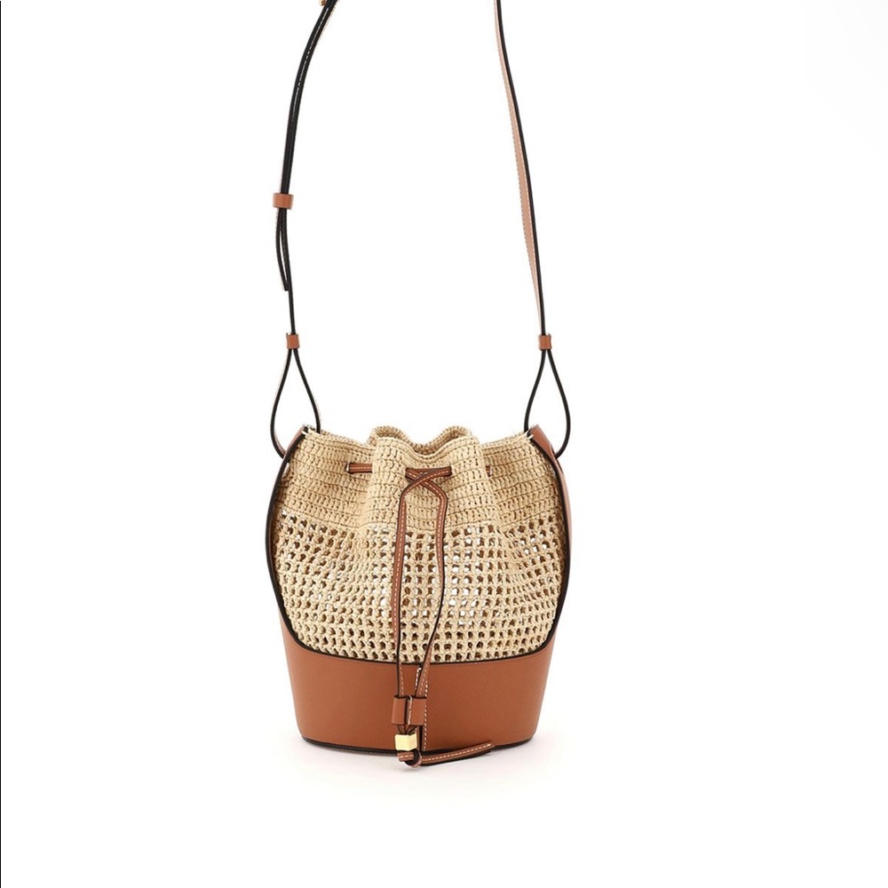 Loewe Small Balloon Bag Raffia and Tan Calfskin